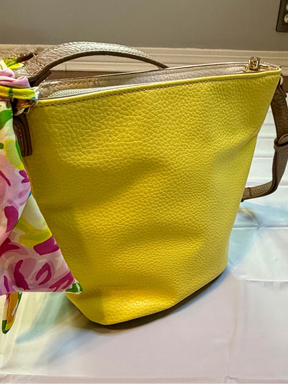 Anne Klein Yellow, White and Gray Leather Crossbody with Floral Scarf - Picture 3 of 8